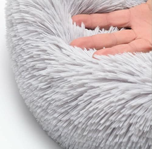 Original Calming Donut Dog and Cat Bed in Shag Fur, Dog Beds for Melium Dogs, Anti Anxiety Round Fluffy Plush Faux Fur Pet Bed (Light Grey, 31×31)