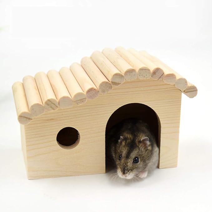 balacoo Wooden Hut Hideout for Hamsters Natural Solid Nesting House Entrance Small Habitat for Pet Promotes Chewing Instincts and Exploration