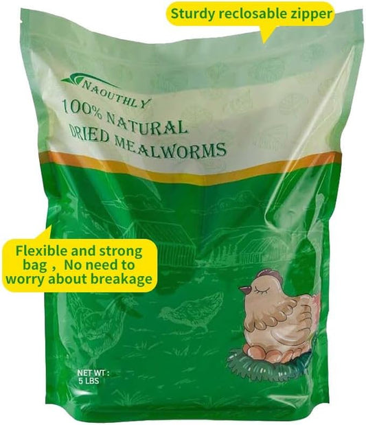 5lbs Dried Mealworms - Premium Non-GMO Chicken Feed, Nutritious High Protein Meal Worms- Food and Treats for Laying Hens, Wild Birds, Ducks, Chicken