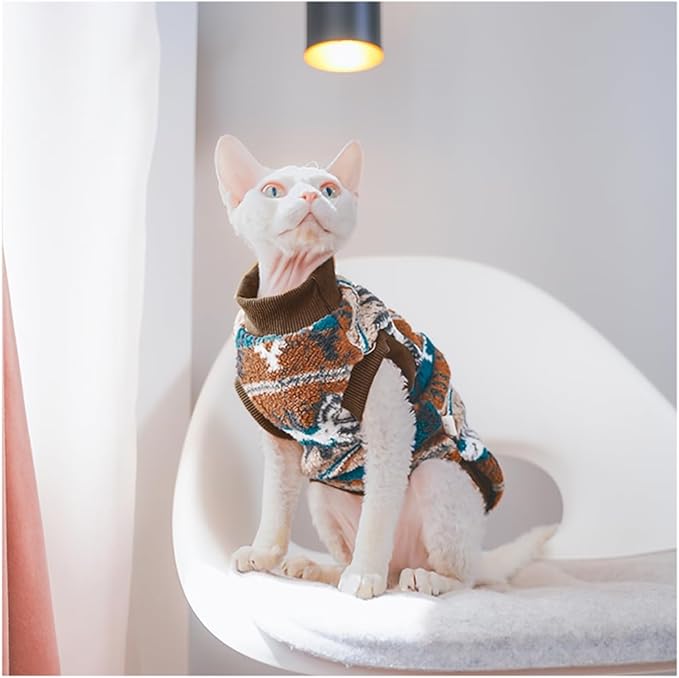 Sphynx Cat Clothes,Boho Style Cat Clothes for Fall Winter, 2-Legged Fleece Lined Warm Shirt, Soft Plush Sweater for Hairless Cats Devon Rex (Brown, Small (2.5-3.5lbs))