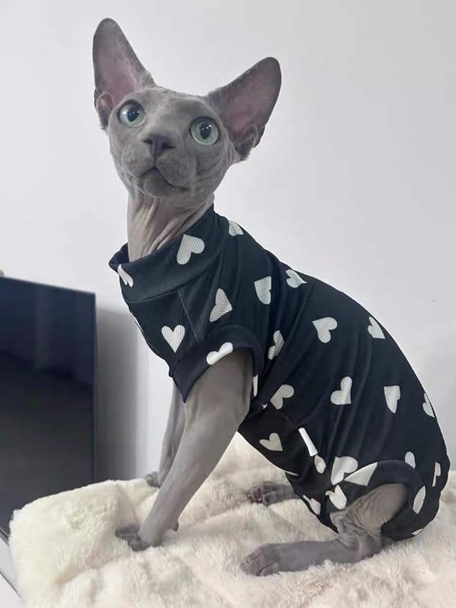 Sphynx Cat Clothes, Hairless Cat Shirt, Soft Stretchy Sweater for Cats, Breathable Cat Daily Outfit, Cat Pullover for Cornish Rex, Devon Rex (Black, S (2.5-3.5lbs))