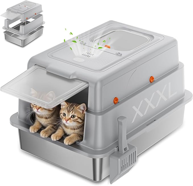 Stainless Steel Litter Box with Lid, 28" XXXL Large Enclosed Covered Cat Litter Box for Multiple Cats, Odor Control with Carbon Filters, Anti-Leak High Sided, Removable Lid &Scoop, Light Gray