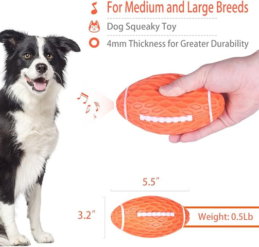 AUSCAT Squeaky Dog Football Toy for Aggressive Chewers, Tough Rubber Dog Ball for Medium Large Dogs, Orange, 5.5"