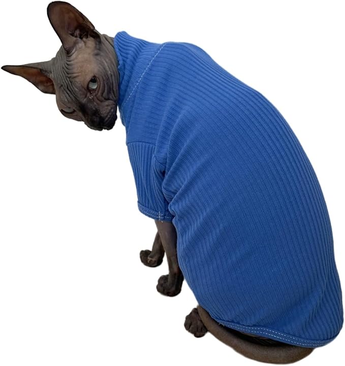 Sphynx Cats Shirt Cat Turtleneck Cotton Sweater Pullover Kitten T-Shirts with Sleeves Cat Pajamas Jumpsuit for Sphynx Cornish Rex, Devon Rex, Peterbald (Medium (Pack of 1), Deep Blue)