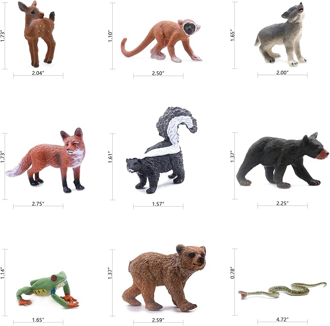 SIENON 18Pcs Forest Animals Figures Toys, Baby Woodland Animals Figurines, Miniature Animals Toys with Owl Hedgehog Fox Squirrels Bear Monkey Deer Wolf for Woodland Theme Cake Cupcake Toppers