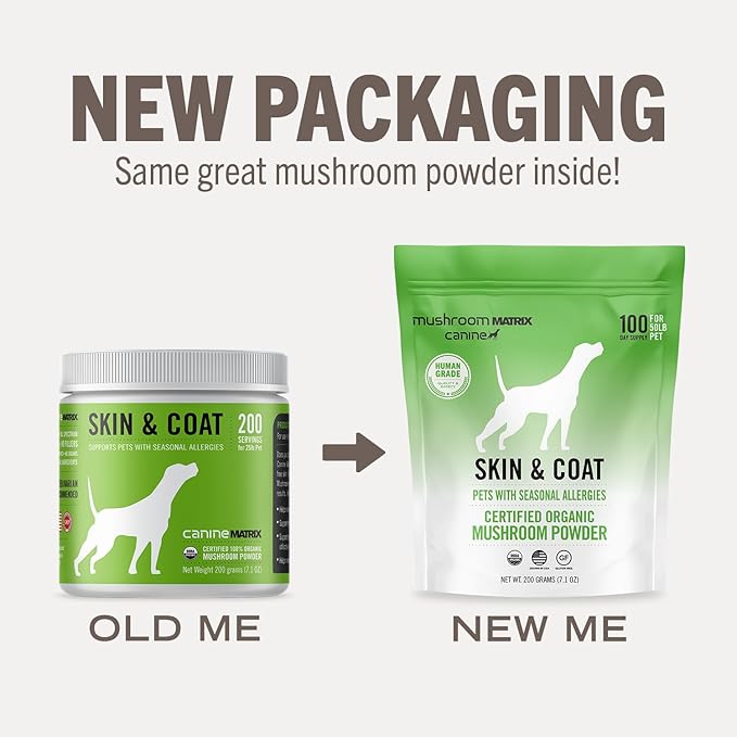 Om Mushroom Matrix Skin & Coat Mushroom Pet Supplement, Provides Seasonal Allergy Skin & Coat Support for Dogs & Cats, 200 Grams, 7.1 oz
