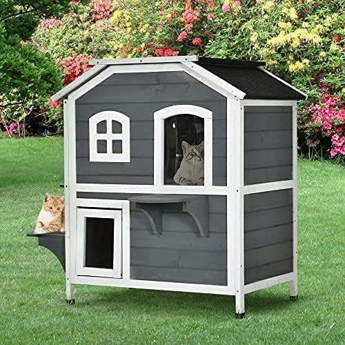 PawHut 2-Story Cat House Outdoor, Weatherproof Wooden Cat Enclosure for Feral Cats with Escape Door, Openable Roof, Jumping Platforms, Gray
