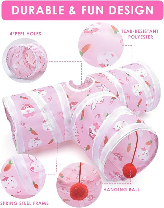 Bissap Guinea Pig Tunnel, Collapsible Hamster Tunnel and Tube 3 Ways Pet Hideout with 1 Play Ball for Indoor Guinea Pig Chinchilla Hamster Rat Small Animal Activity Fun Toys (Pink)
