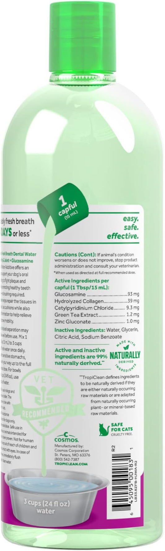 TropiClean Fresh Breath Water Additive for Dogs with Glucosamine, Hip and Joint Support for Dogs, Breath Freshener & Teeth Cleaning Solution, 33.8oz.