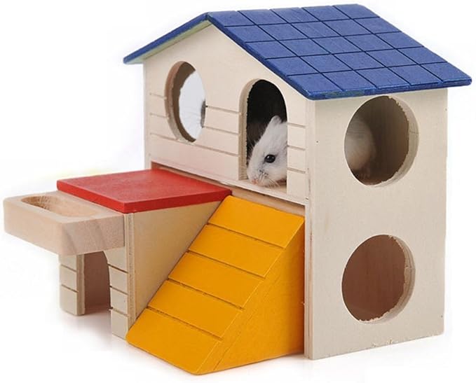 Pet Small Animal Hideout Hamster House Deluxe Two Layers Wooden Hut Play Toys Chews
