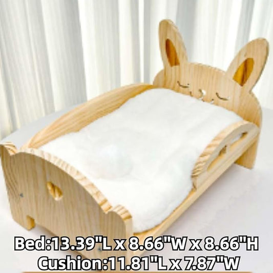 Large Wooden Rabbit Bed - Easy Assemble 13.3"x 8.6" Pet Bed with Support Structure & Removable Cushion for Rabbits, Guinea Pigs, Kittens & Small Animals - Cozy Sleeping Habitat