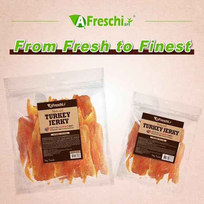 AFreschi Turkey Jerky Dog Treats – 4 oz, USA-Sourced Trukey, All-Natural, Hypoallergenic, High-Protein, Low-Fat, Healthy & Easily Digestible, Puppy & Training Snack