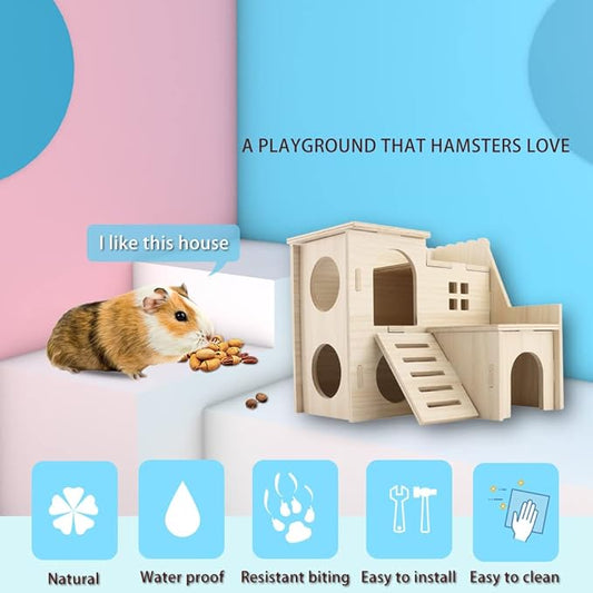 kcrygogo Large Hamster Maze Wood House Fun Slide House Double-Decker Hut Chew Toys for Bigger Syrian Hamsters Dwarf Gerbil Mouse Mice Rat Small Animals