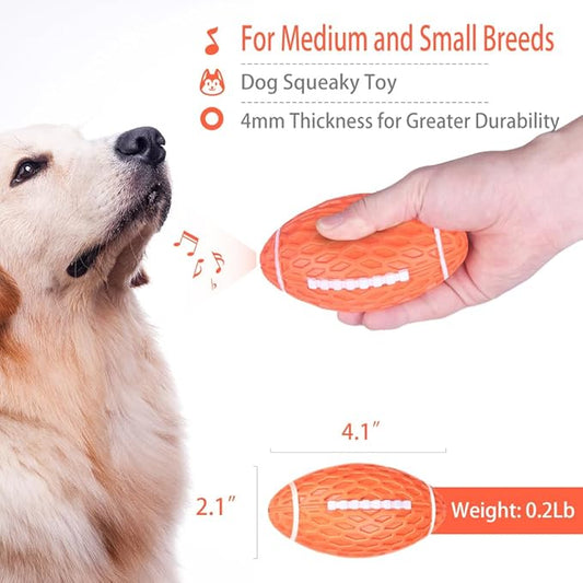 AUSCAT 2PCS Squeaky Dog Football Toy for Aggressive Chewers, Tough Rubber Dog Ball for Small Medium Dogs, Green and Orange, Small, 4.1"