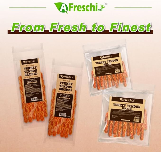 AFreschi Turkey Tendon Dog Treats, 8 oz Braid (for Medium Breeds), USA-Sourced Turkey Tendon, All Natural Puppy Chew, Hypoallergenic, Rawhide Alternative