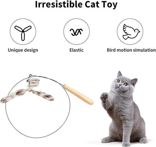 FUKUMARU Cat Wand Toy, 35.5 Inch Cat Feather Propeller Toy with Bell, Steel Wire Cat Toy for Indoor Cats with 4PCS Natural Feather