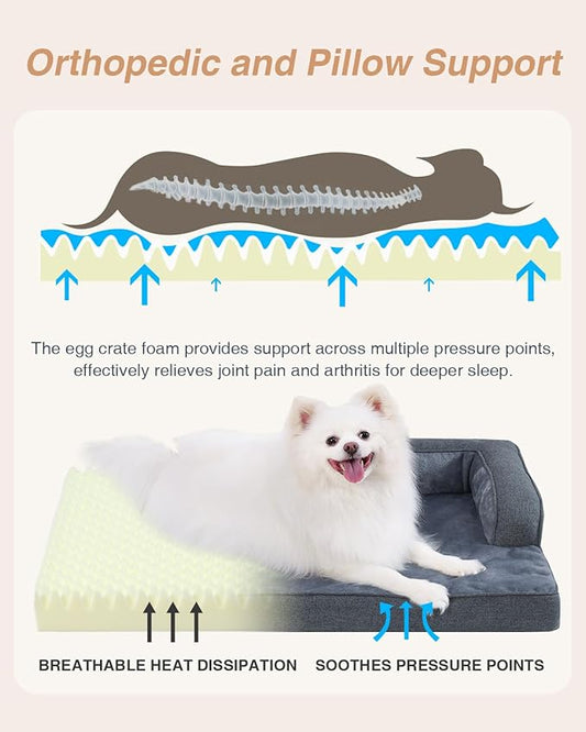 KSIIA Orthopedic Dog Bed for Small Dogs,Washable Pet Sofa with U-Shaped Bolster Removable Waterproof Cover Non-Slip Bottom and Egg-Crate Orthopedic Foam Pet Couch Bed, 29 x 18 Inch, Dark Gray