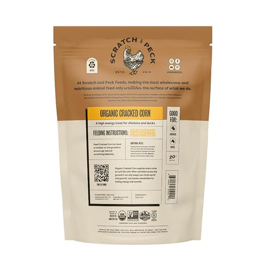 Scratch and Peck Cracked Corn Chicken, Duck and Livestock Supplemental Grain - 8 lbs Bag - 7.5% Protein, Certified Organic and Non-GMO Project Verified Chicken Food
