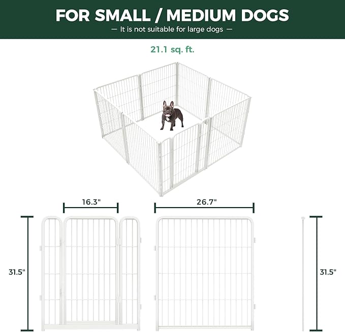 FXW Homeplus Unleashed Indoor Dog Playpen - Stress-Free and Safe Play, Heavy Duty 32 Inch 8 Panels with Magnetic Hook & Loop Patch Board for Small and Medium Dogs, White│Patented