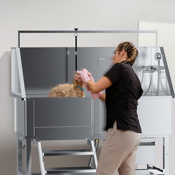 Dog Washing Station for Home,Professional 46" Stainless Steel Dog Bathing Station Height Adjustable Dog Wash Station Dog Grooming Tub Ramp, Drawer, Floor Grate & Fauct (Left Stair)