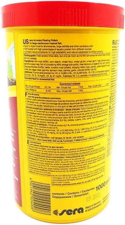 sera Arowana 12.6 oz 1000 ml | Arowana Fish Food Pellets for Carnivorous Fish | Floating Pellets with High Aquatic Protein | Tropical Food | Aquarium Food for Carnivore Fish