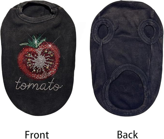 Washed Cotton Pet Vest with Rhinestone Fruit Designs, Soft & Stylish Small Dog Cat Vest for Spring Summer, Breathable & Shiny (Black-Tomato, Large)