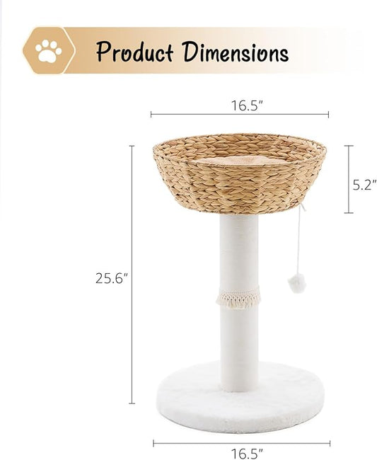 Cat Tree Tower, Natural Material Cat Condo with Handwoven Nest Basket Bed, Cotton Scratching Post, Funny Hanging Toy Ball, 2 Sides Cushion Top Perch, Water Hyacinth