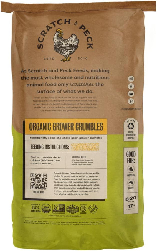 Scratch and Peck Feeds Whole Grain Grower Crumbles Chicken and Duck Feed - 25 lbs Bag - Corn-Free and Soy-Free - 17% Protein, Certified Organic and Non-GMO Project Verified Chicken Food