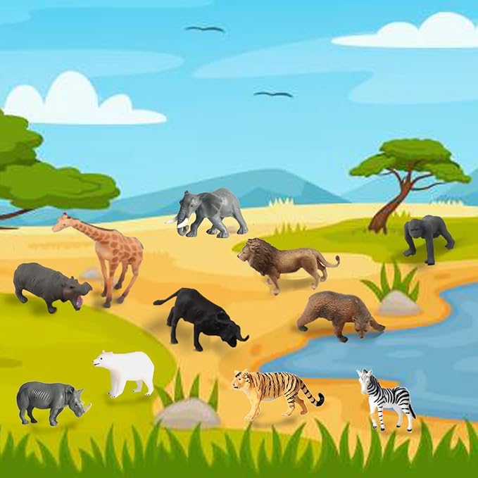 RUSON 12 Safari Animals Figures Toys with 12 Flash Cards, Realistic Mini Jungle Animal Figurines Cake Topper Party Supplies Montessori Animal Matching Game for Toddler Kids