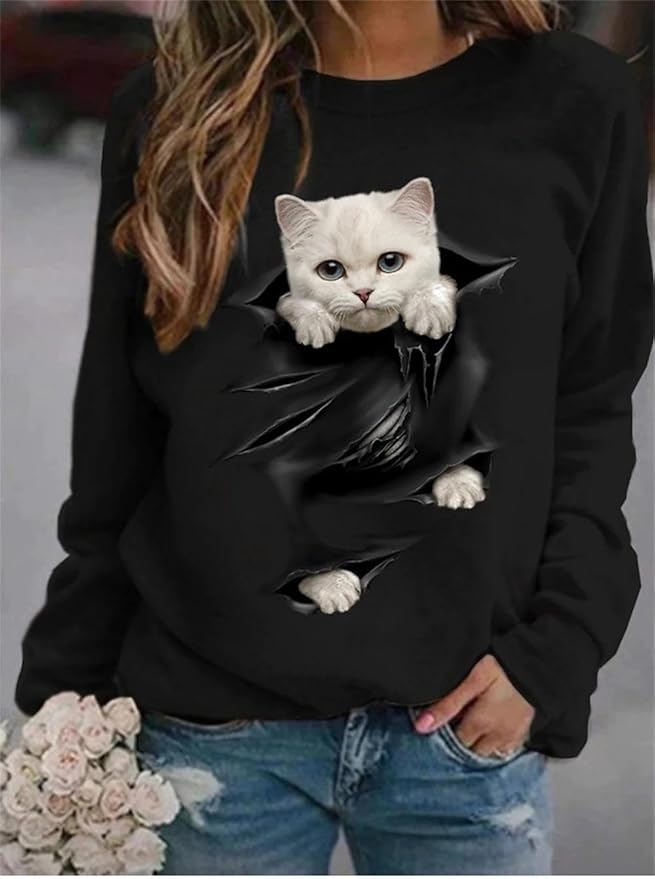 IVERIRMIN Women's 3D Cute Cat Print Sweatshirt Casual Long Sleeve Crewneck Cute Cat Pullover Loose Fit Shirts