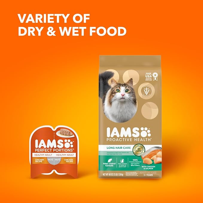 IAMS Proactive Health Long Hair Care Adult Dry Cat Food with Real Chicken & Salmon, 3 lb. Bag