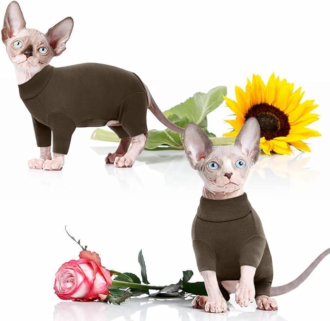 ROZKITCH Hairless Cat Clothes, Breathable Soft Cat Jumpers for Cats Only, Cat Coat with Four Legs, Warm Cat Sweater Cat T-Shirt Cat Pajamas Jumpsuit Vest Cornish Rex Devon Rex Peterbald Coffee XL