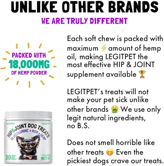 Hemp Hip & Joint Supplement for Dogs Soft Chews Made in USA Functional Glucosamine for Dogs Chondroitin MSM Turmeric Hemp Seed Oil Natural Pain Relief Mobility Advanced Joint 30 Treats