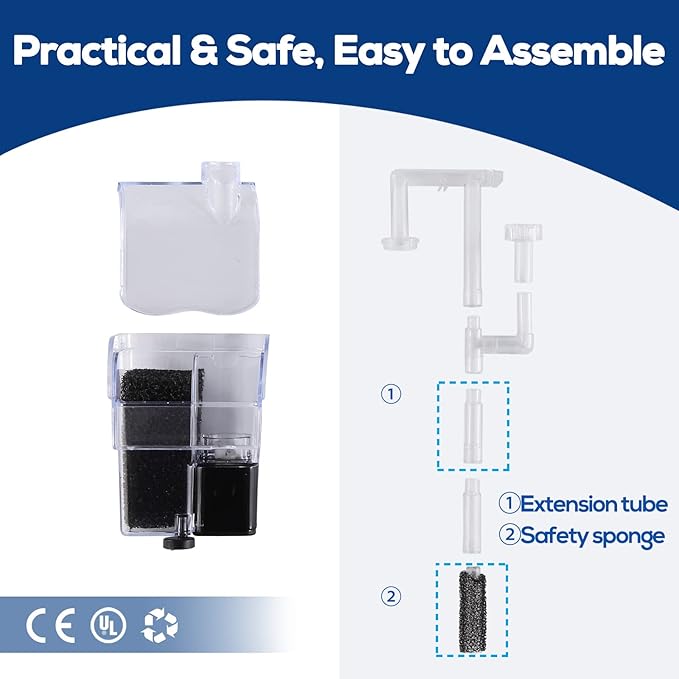 5 Gallon Aquarium Filter with Surface Skimmer, Small Quiet Fish Tank Filter, Biochemical Cotton Filtration & Adjustable Water Flow, Waterfall Design for Increasing Oxygen, Hang on Back Filter