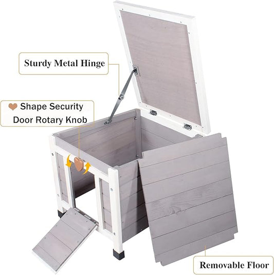 Deblue Weatherproof Cat House for Outdoor Cats, Wooden Small Pet House Outside, Feral Cat Shelter with Elevated Floor and Lockable Door - Grey