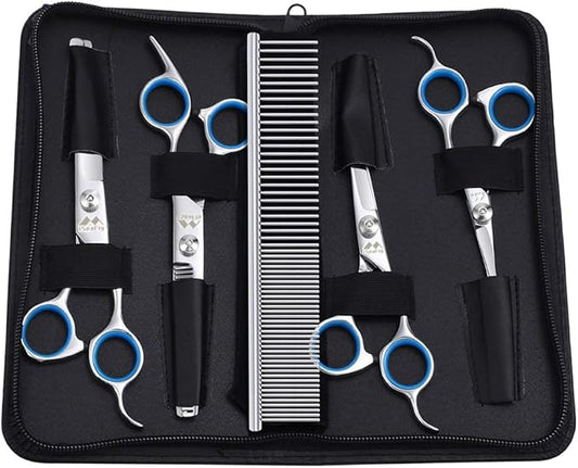 Dog Scissors with Round Tip, 6 in 1 Dog Grooming Kit, Stainless Steel Pet Grooming Scissors for Full Body, Face, Nose, Ear and Paw (Blue)