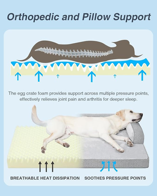 KSIIA Washable XL Dog Bed for Extra Large Dog U-Shaped Bolster Pet Couch with Removable Waterproof Cover, Non-Slip Bottom and Egg-Crate Orthopedic Foam Pet Bed, 47 x 32 Inch, Gray