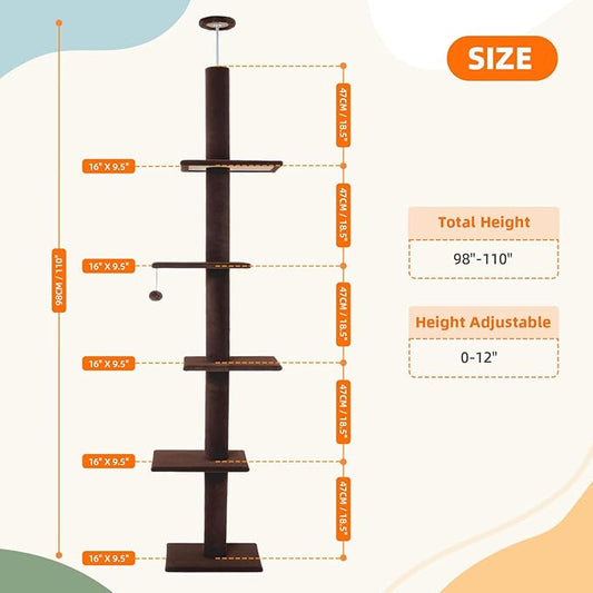 Cat Tree Floor to Ceiling Cat Tower 5-Tier Carpet Kitten Tree Cat Climbing Tower with Adjustable Height 98"-108", Tall Cat Trees with Platforms and Dangling Balls for Indoor Cats, Coffee