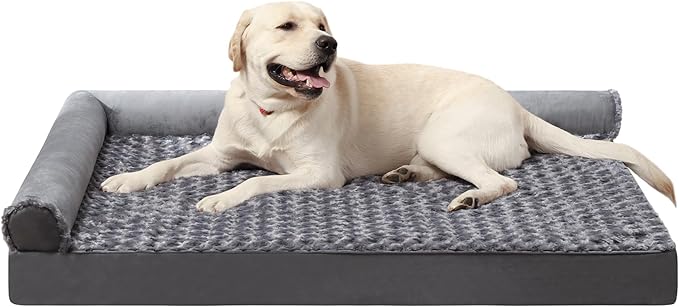 MIHIKK Orthopedic Dog Couch Bed Deluxe Plush L-Shaped with Waterproof Lining Bolster Dog Sleeping Sofa with Removable Washable Cover & Nonskid Bottom Pet Bed for Extra Large Dogs, Gray
