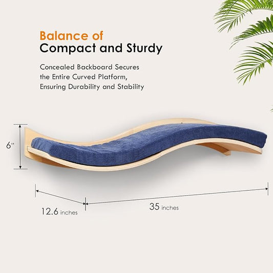 Cat Wall Shelves for Large Cats - Wall Mounted Furniture with Comfortable Cushion, Perfect Perch and Bed for Multi-Cat Households - 35 inch Wavy Shelf for Climbing, Playing, Resting, and Lounging