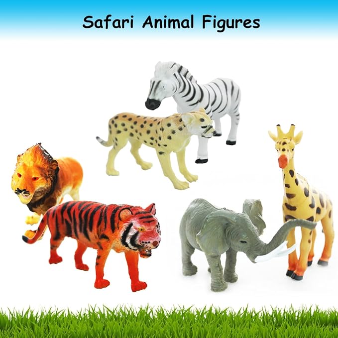 Lchen Safari Animals Figures, 4" Zoo Safari Plastic Figurine Model Decoration with Tiger Leopard Lion Giraffe Zebra Elephant (Pack of 6)
