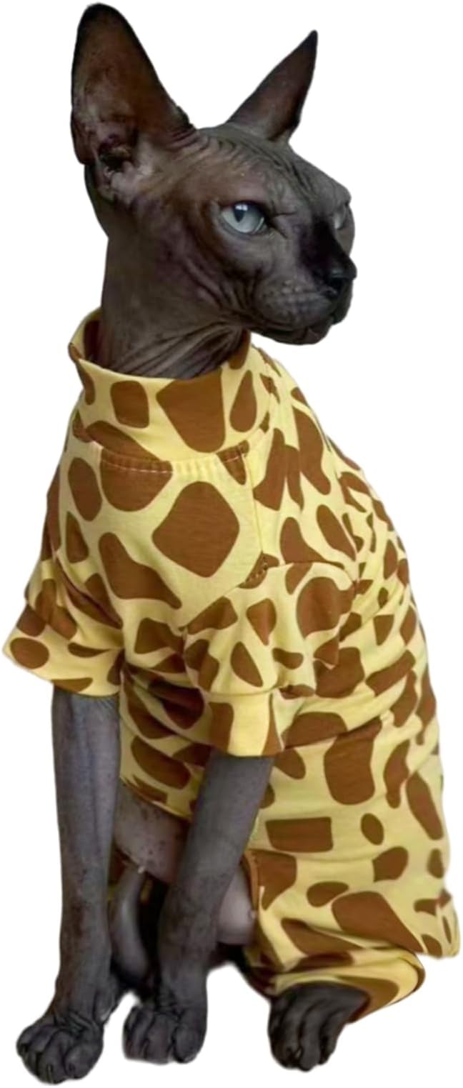 Sphynx Cat Four Leg Cotton Pajamas Elastic Pet Clothes for Hairless Cats Surgery Recovery Suit Undershirt Thermal Clothes for Sphynx, Devon, Cornish (Giraffe, M)