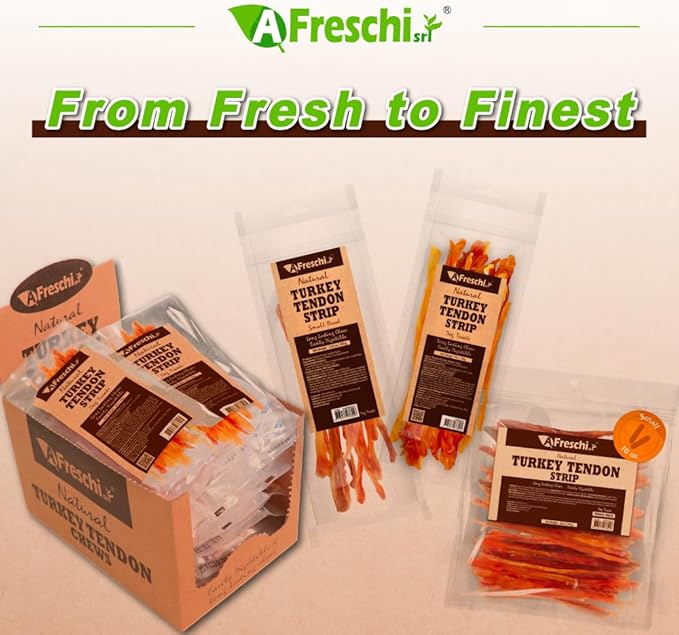 AFreschi Natural Turkey Tendon Strip 3 oz, All Natural Human Grade Puppy Chew, USA-Sourced Turkey Tendon, Hypoallergenic, Easy to Digest, Rawhide Alternative