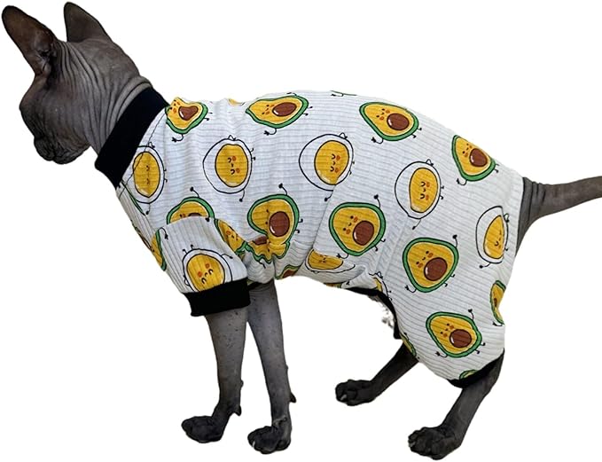 Sphynx Cat Four Leg Cotton Pajamas Elastic Pet Clothes for Hairless Cats Surgery Recovery Suit Cat Undershirt Clothes for Sphynx, Devon, Cornish (Egg & Avocado, S)