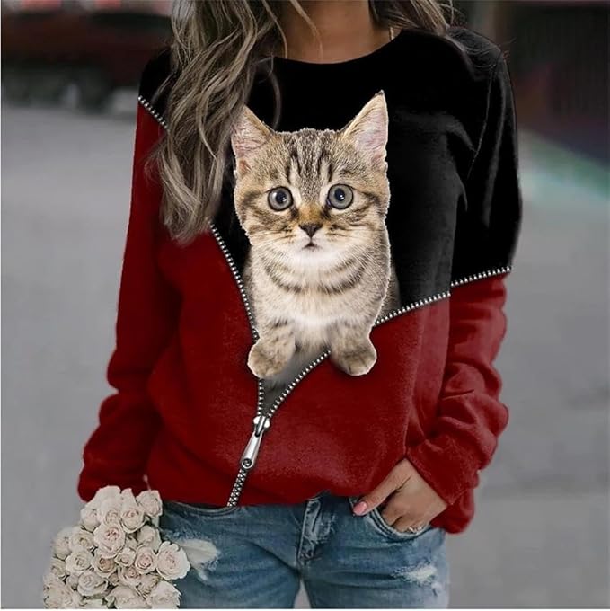 IVERIRMIN Women's 3D Cute Cat Print Sweatshirt Casual Long Sleeve Crewneck Cute Cat Pullover Loose Fit Shirts