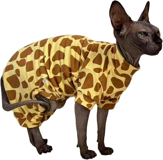 Sphynx Cat Four Leg Cotton Pajamas Elastic Pet Clothes for Hairless Cats Surgery Recovery Suit Undershirt Thermal Clothes for Sphynx, Devon, Cornish (Giraffe, L)