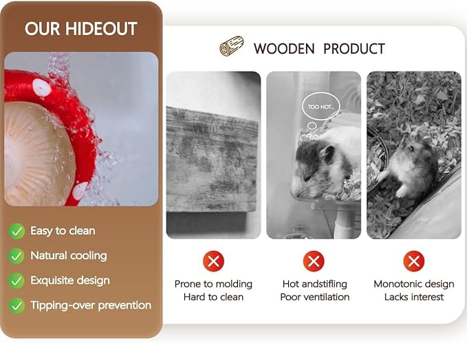Mushroom Ceramic Hamster Hideout, Food Bowl, Syrian Cage Accessories, Ceramic Larger House and Hideouts, Chew-Proof Decor, Cool Bed Ideal for Syrian Hamster Dwarf Gerbil Mice Golden Bear