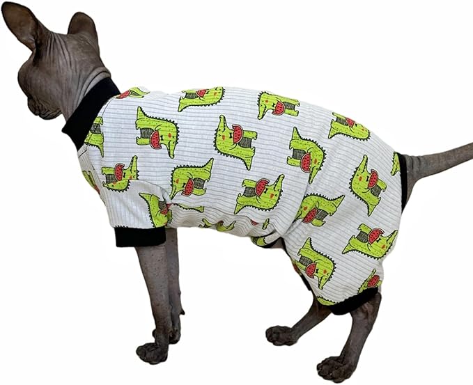 Sphynx Cat Four Leg Cotton Pajamas Elastic Pet Clothes for Hairless Cats Surgery Recovery Suit Undershirt Clothes for Sphynx, Devon, Cornish (Crocodile, S)