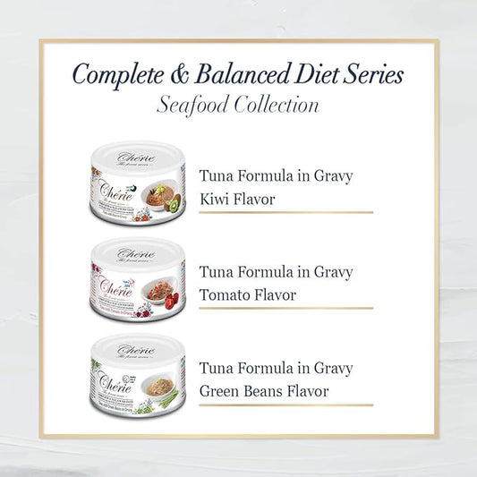CHÉRIE Complete & Balanced Diet Series Wet Cat Food in Gravy Seafood Variety Pack, Tuna Entree with Natural Vegetables for Skin, Joint, Stomach, Urinary Tract Health, Grain-Free, 24 Pack, 2.8 oz. Can