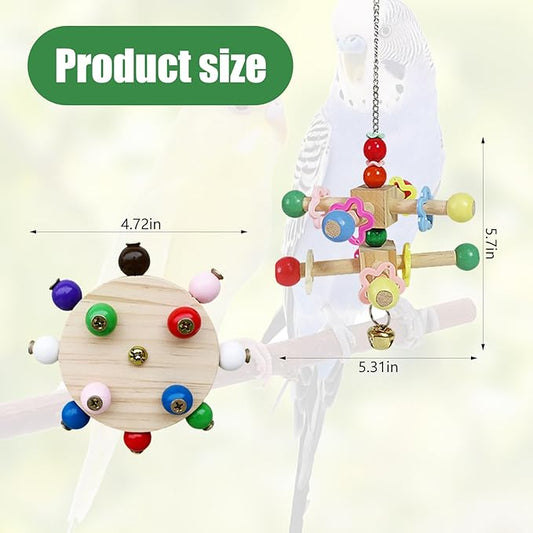 Bird Spinner Toys for Parrots with Bells,Natural Wood Parakeet Toys for Cage,Bird Cage Accessories Chewing Hanging for Small and Medium Birds,Cockatiel,Conure,Lovebird,Budgie,Quaker(2pcs)